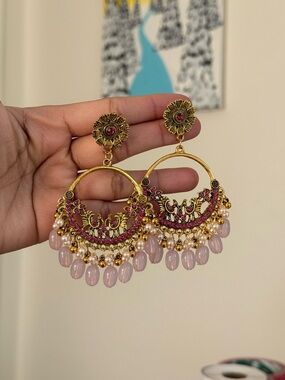 Gold-Tone Pink Bead Chandbali Earrings